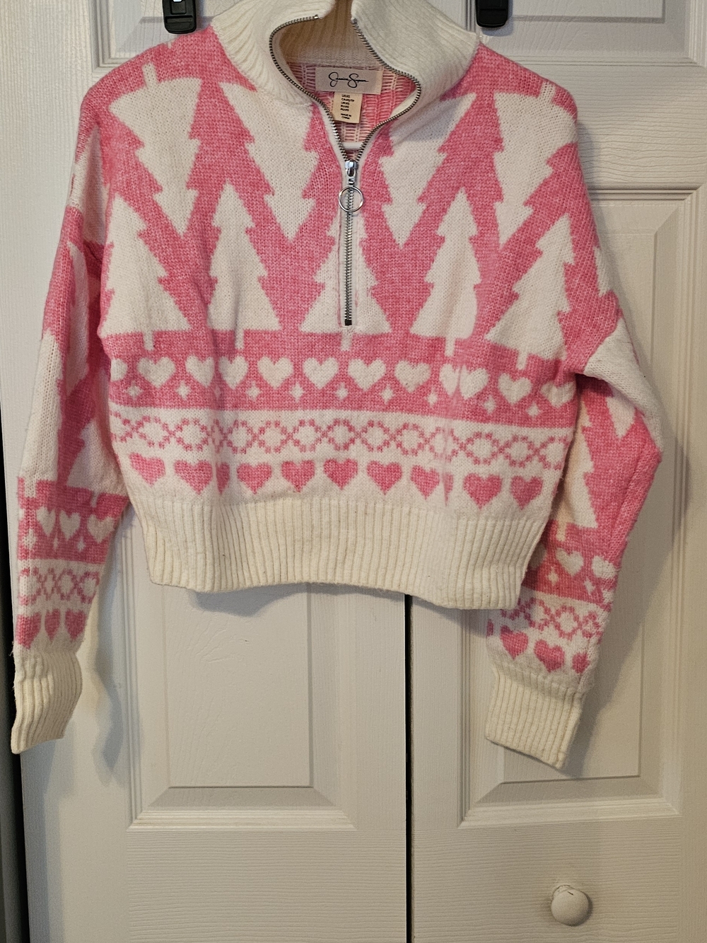 Jessica Simpson Pink & White Half-Zip Patterned Turtleneck Sweater